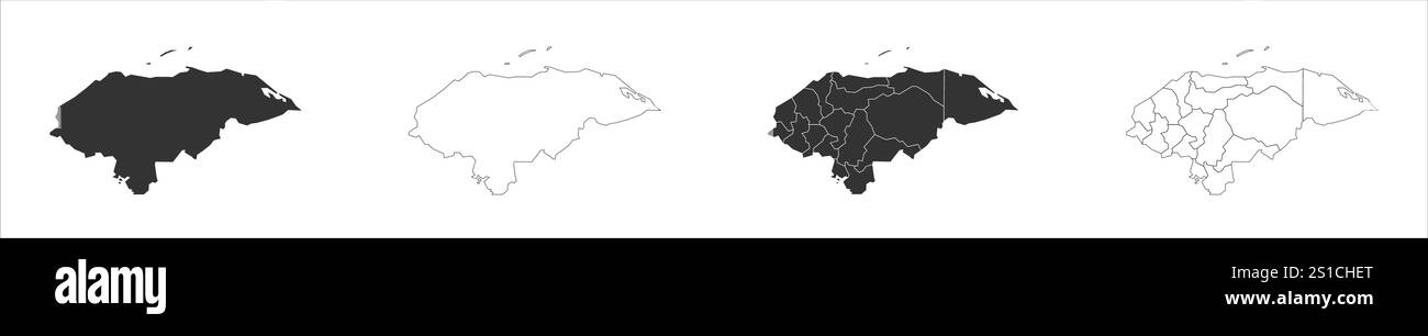 Honduras serie di tre mappe - mappa solida, mappa di contorno e mappa che evidenziano le divisioni amministrative. Tre mappe distinte illustrano varie rappresentazioni di un'area geografica. Illustrazione Vettoriale