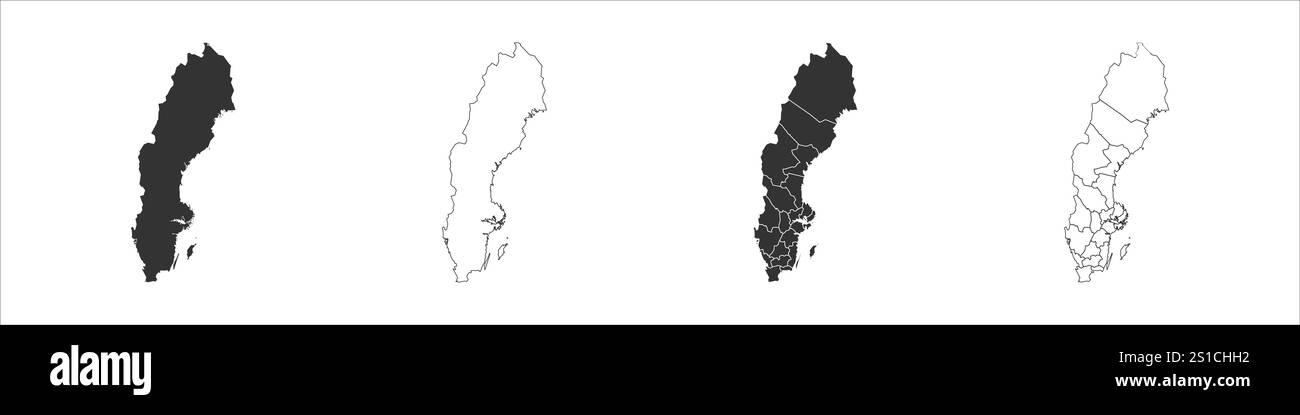 Svezia serie di tre mappe - mappa solida, mappa di contorno e mappa che evidenziano le divisioni amministrative. Tre mappe distinte illustrano varie rappresentazioni di un'area geografica. Illustrazione Vettoriale