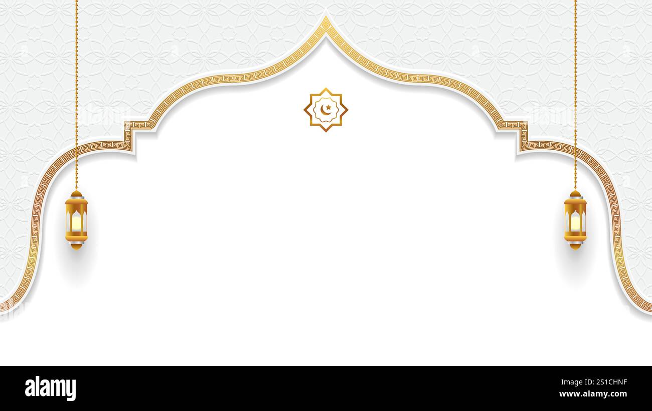 fondo in arco islamico bianco e oro con lanterna e spazio per il testo . illustrazione vettoriale islamica Illustrazione Vettoriale