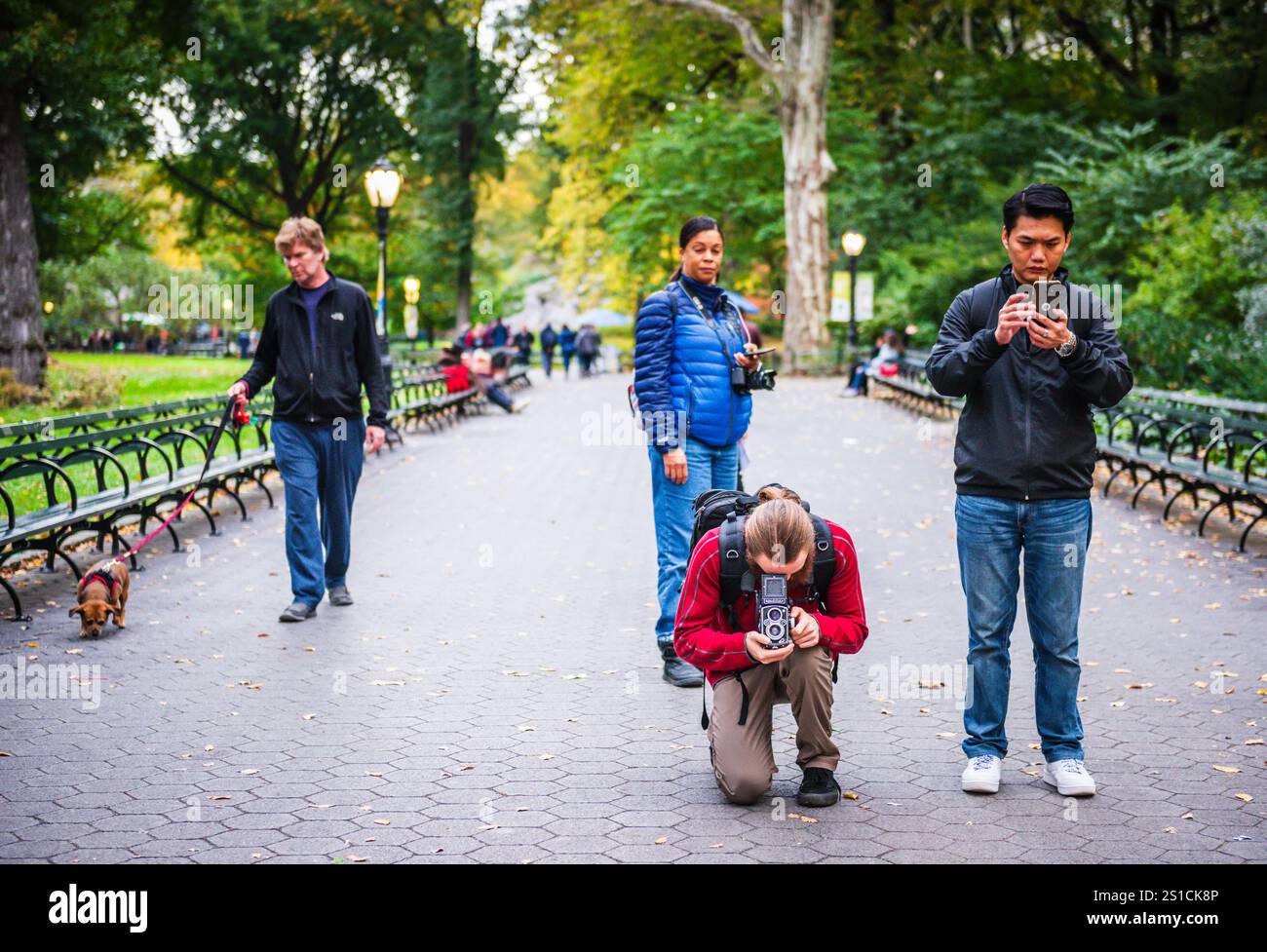 New York, NY USA - 26 ottobre 2017: Due fotografi, uno con Rolleflex manuale e l'altro con uno smartphone, Photograph Central Park. Foto Stock