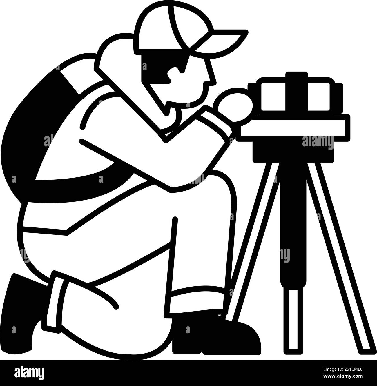 Un uomo sta accovacciandosi e guardando attraverso una telecamera. Sta indossando uno zaino e un cappello Illustrazione Vettoriale