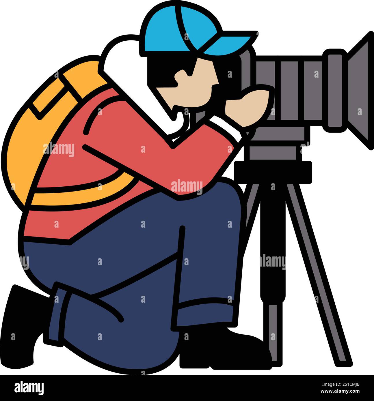 Un uomo sta accovacciandosi e sta scattando una foto con una fotocamera. Indossa uno zaino e un cappello blu Illustrazione Vettoriale