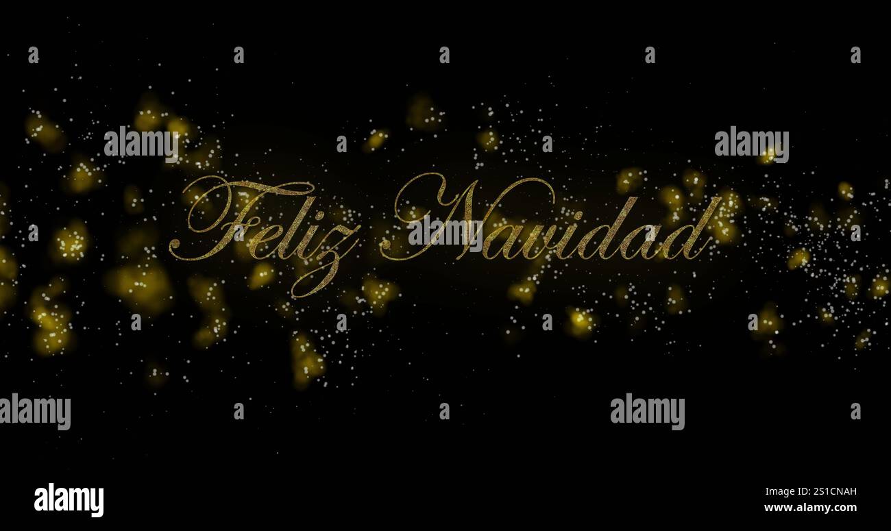 Immagine di motivi astratti e testo di feliz navidad su sfondo nero Foto Stock