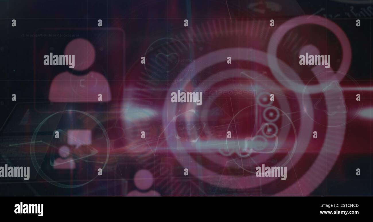 Immagine di icone digitali ed elaborazione dei dati su sfondo nero Foto Stock