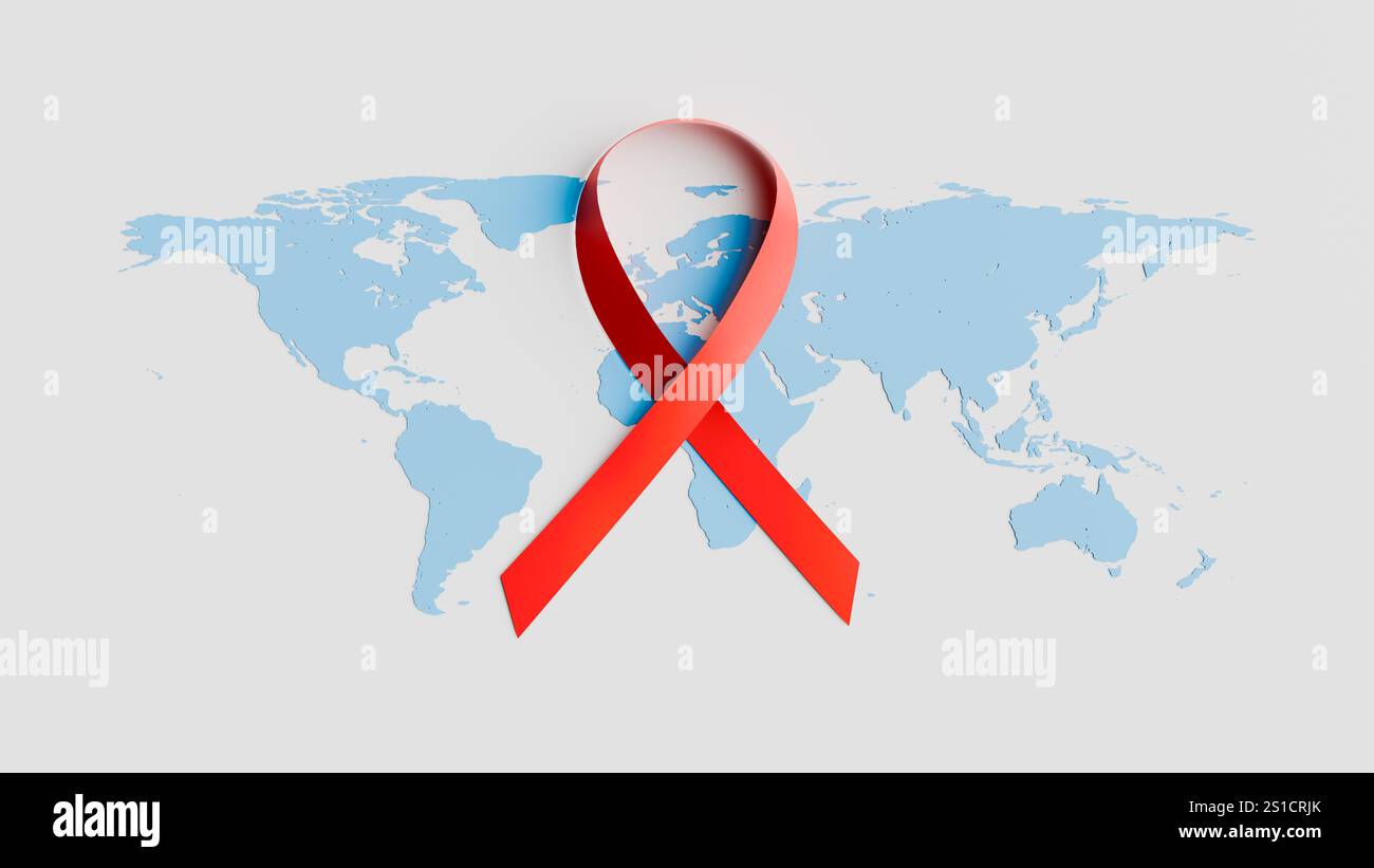 informazioni sulla giornata mondiale del cancro con il nastro rosso sulla mappa del mondo. rendering 3d. rendering 3d. Foto Stock