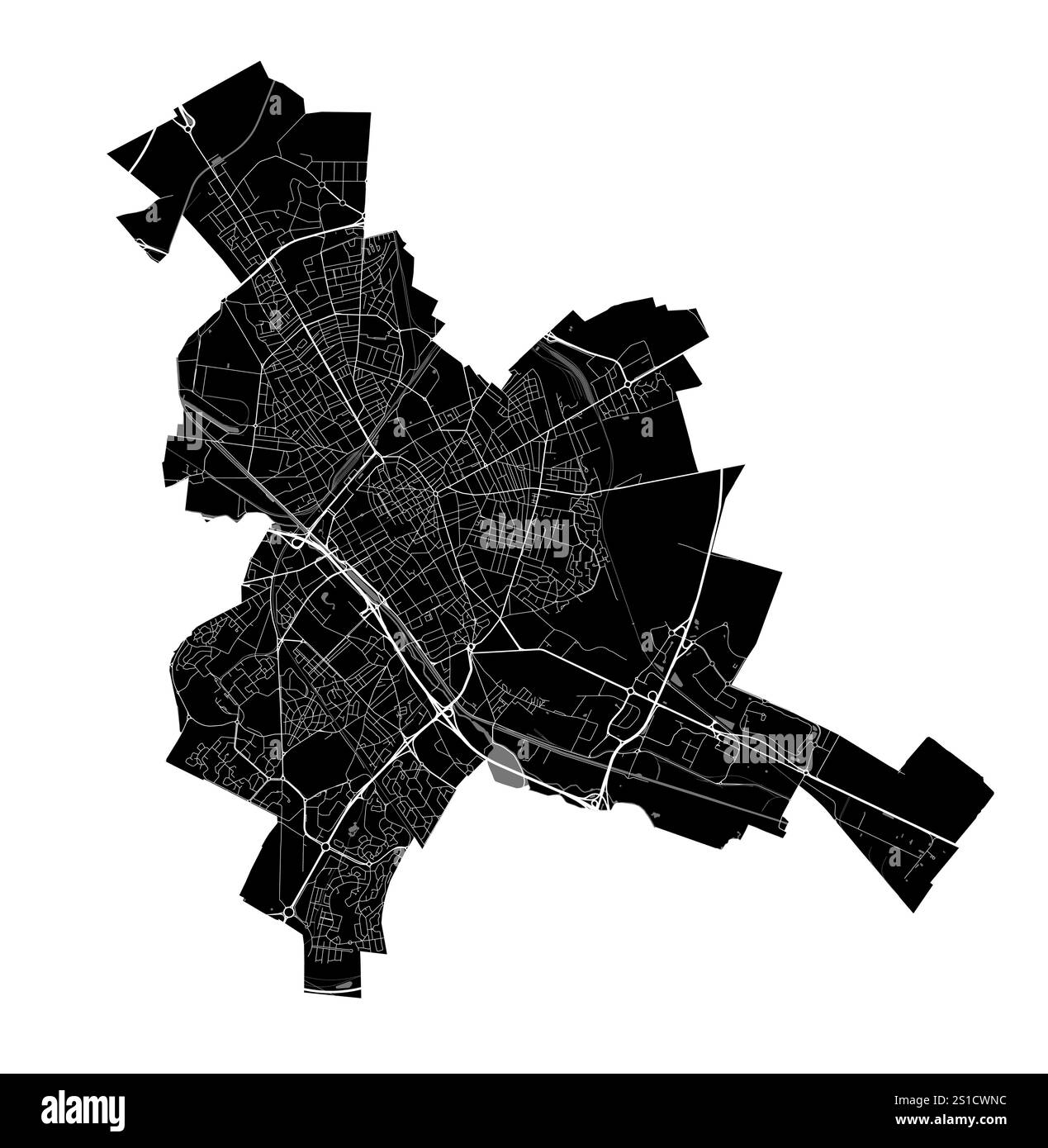 Mappa di Reims, Francia. Mappa vettoriale dettagliata della città, area metropolitana. Mappa stradale in bianco e nero con strade e acqua. Illustrazione Vettoriale