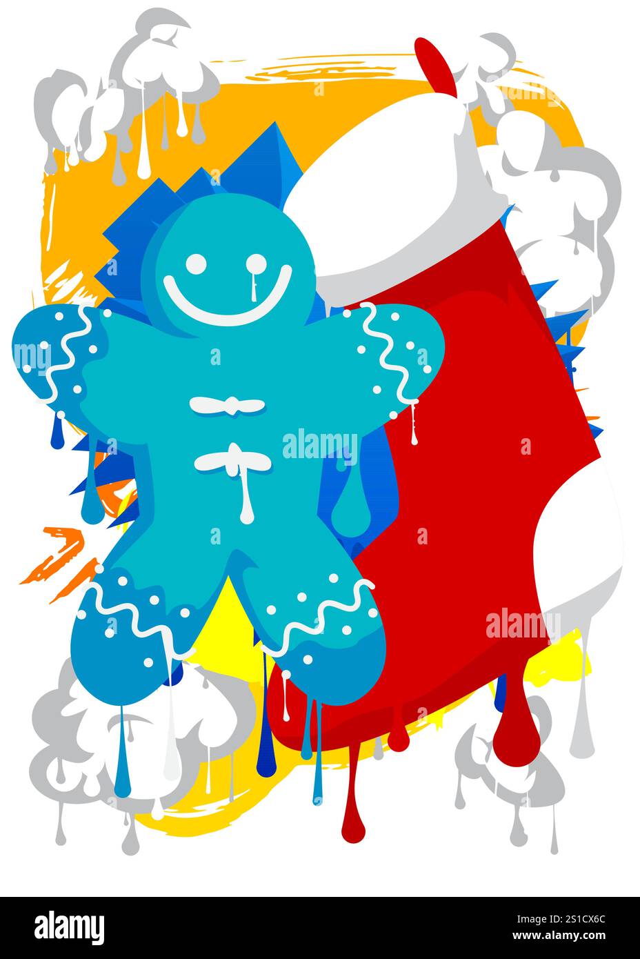 Calza di Natale e graffiti Gingerbread Man Cookie. Decorazione astratta di Street art moderna eseguita in stile di pittura urbana. Illustrazione Vettoriale