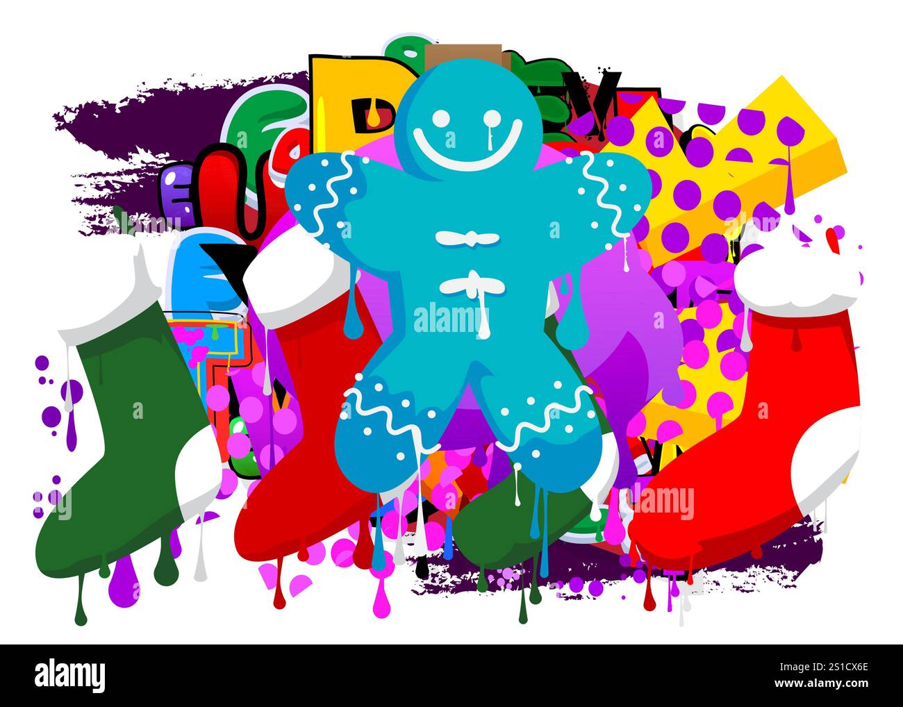 Calza di Natale e graffiti Gingerbread Man Cookie. Decorazione astratta di Street art moderna eseguita in stile di pittura urbana. Illustrazione Vettoriale