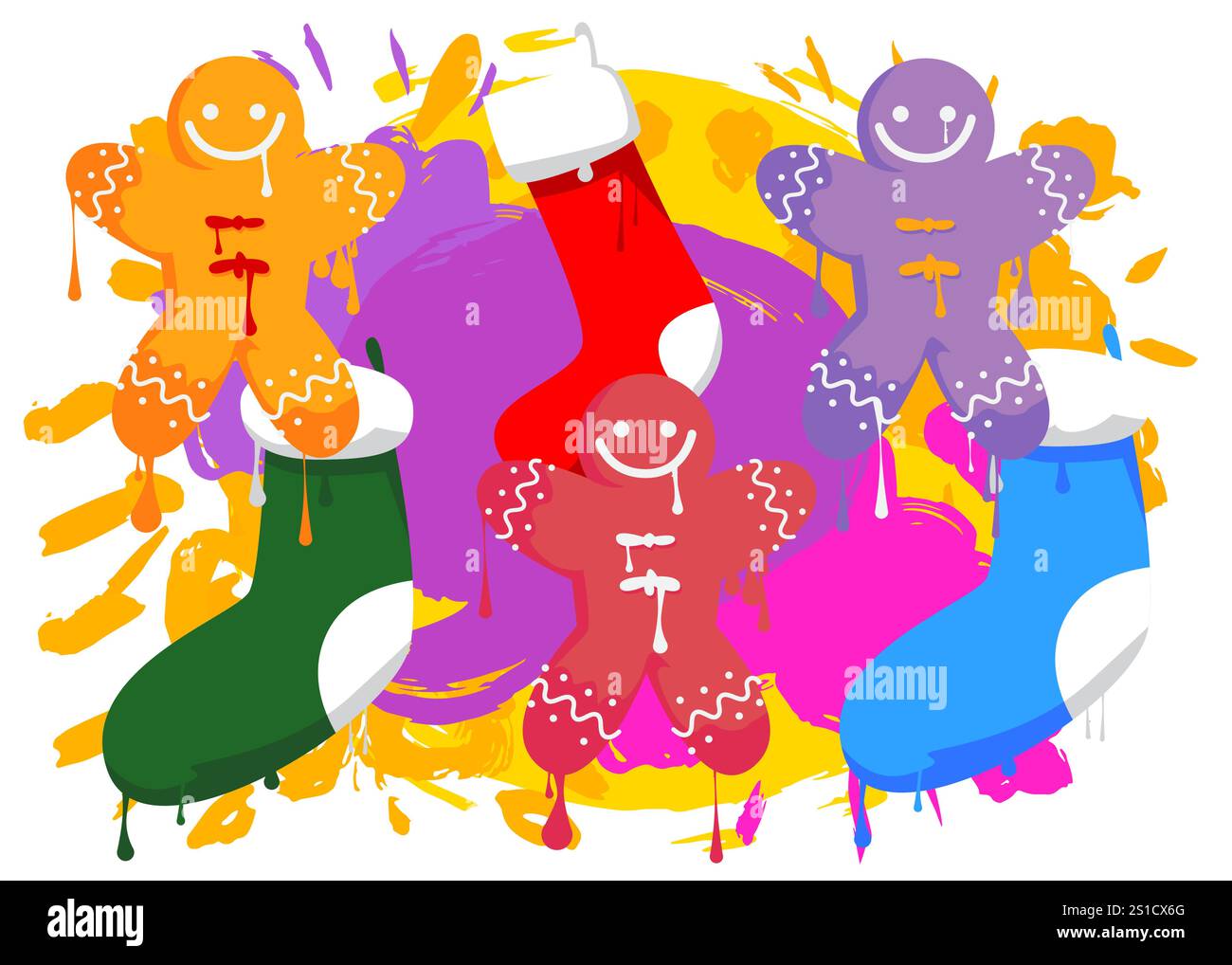 Calza di Natale e graffiti Gingerbread Man Cookie. Decorazione astratta di Street art moderna eseguita in stile di pittura urbana. Illustrazione Vettoriale