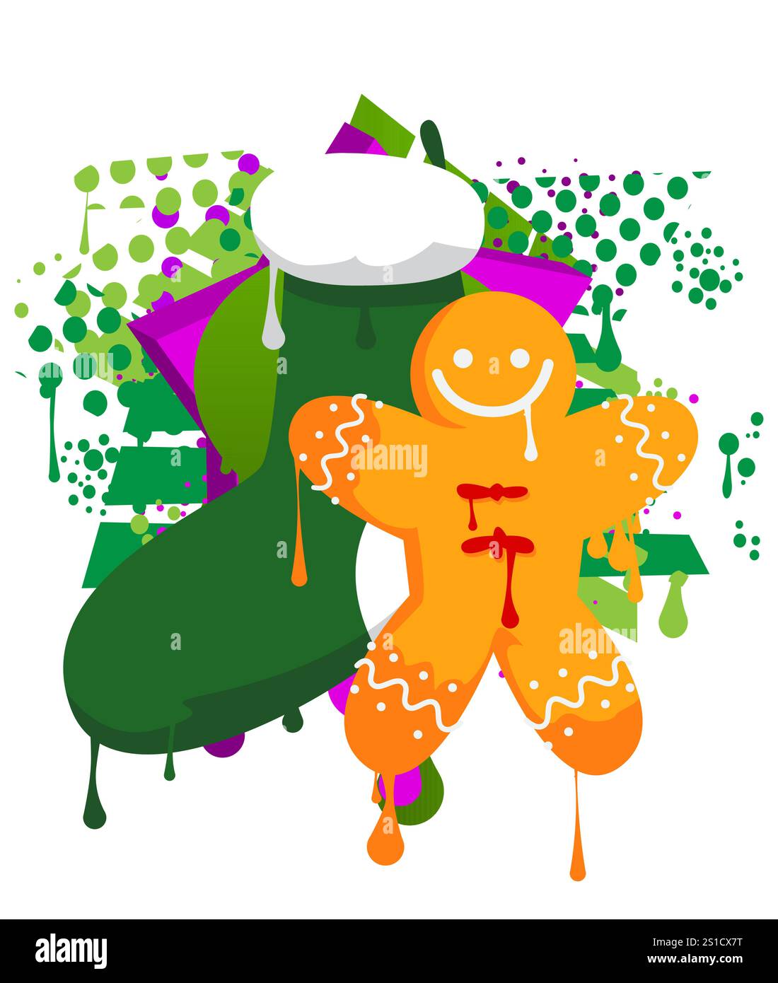 Calza di Natale e graffiti Gingerbread Man Cookie. Decorazione astratta di Street art moderna eseguita in stile di pittura urbana. Illustrazione Vettoriale