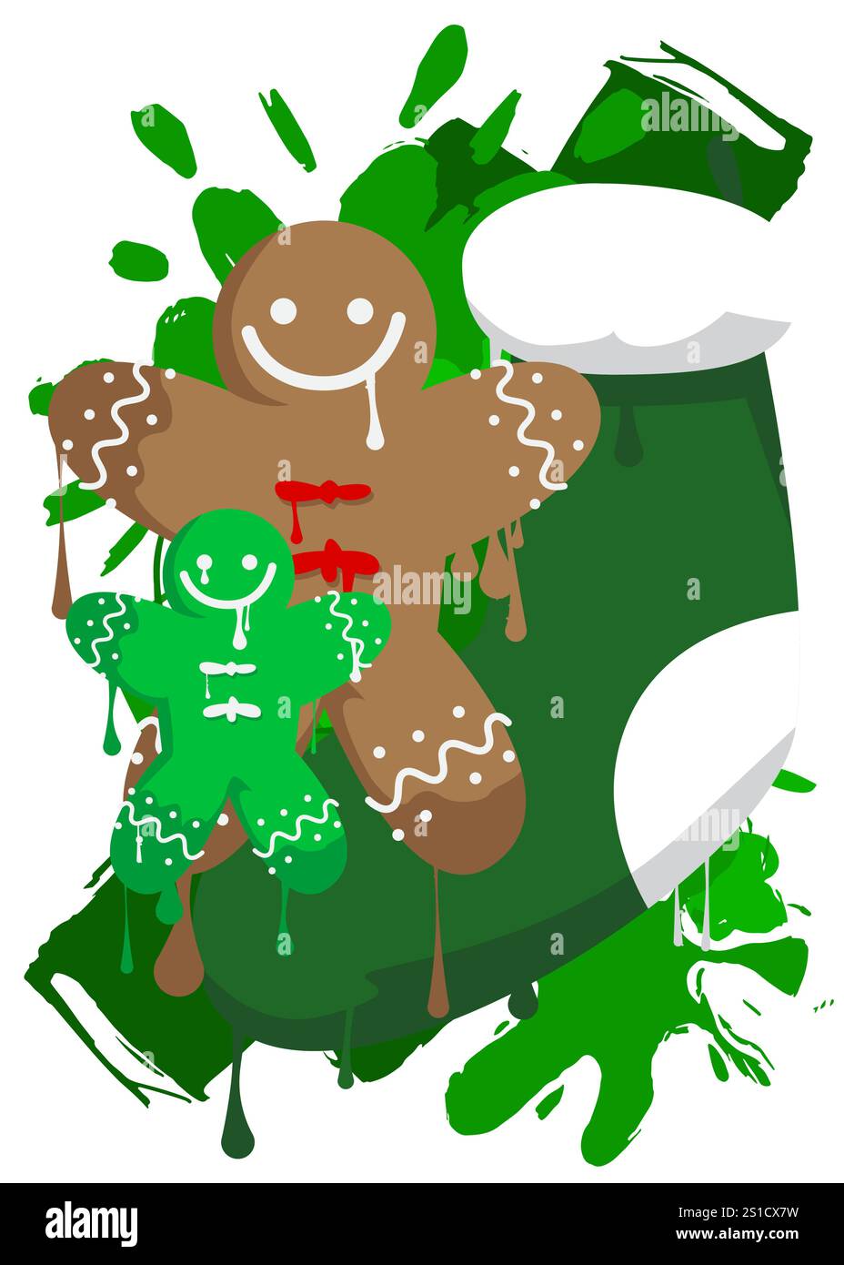 Calza di Natale e graffiti Gingerbread Man Cookie. Decorazione astratta di Street art moderna eseguita in stile di pittura urbana. Illustrazione Vettoriale