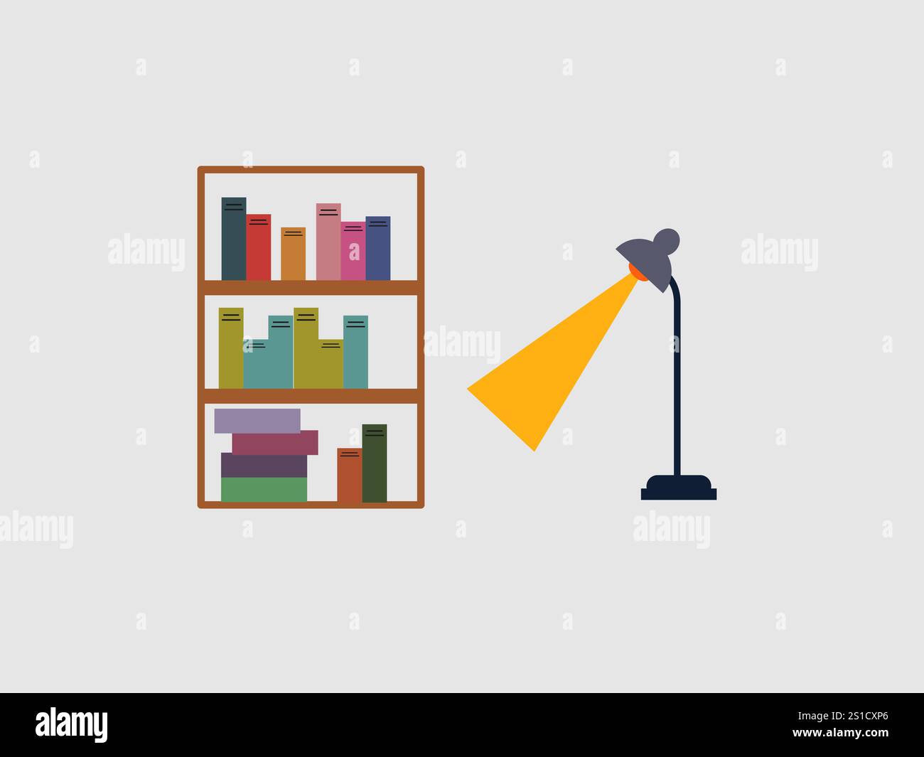 L'immagine raffigura una semplice illustrazione di una libreria e di una lampada su uno sfondo grigio chiaro Illustrazione Vettoriale