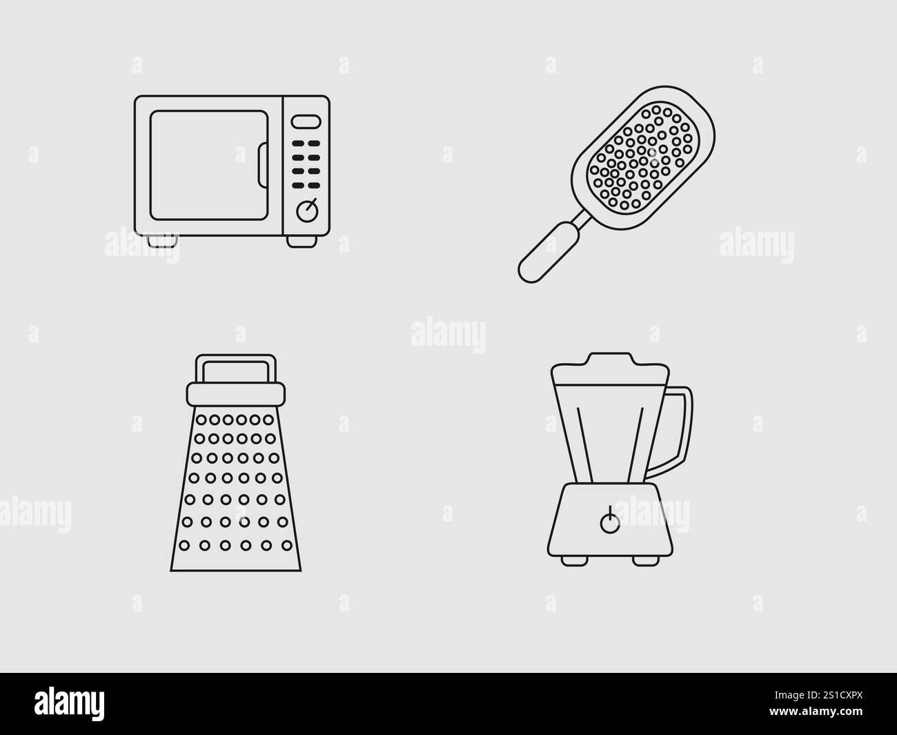 L'immagine presenta quattro comuni elettrodomestici da cucina raffigurati in un semplice stile line art su uno sfondo grigio chiaro Illustrazione Vettoriale