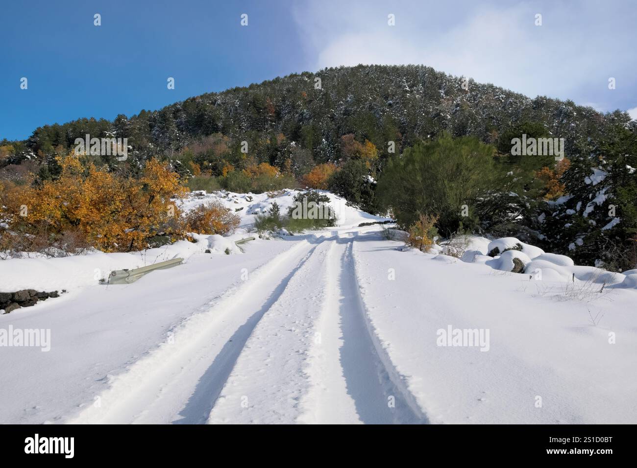 Neve su strada di montagna nel Parco dell'Etna, Sicilia, Italia Foto Stock