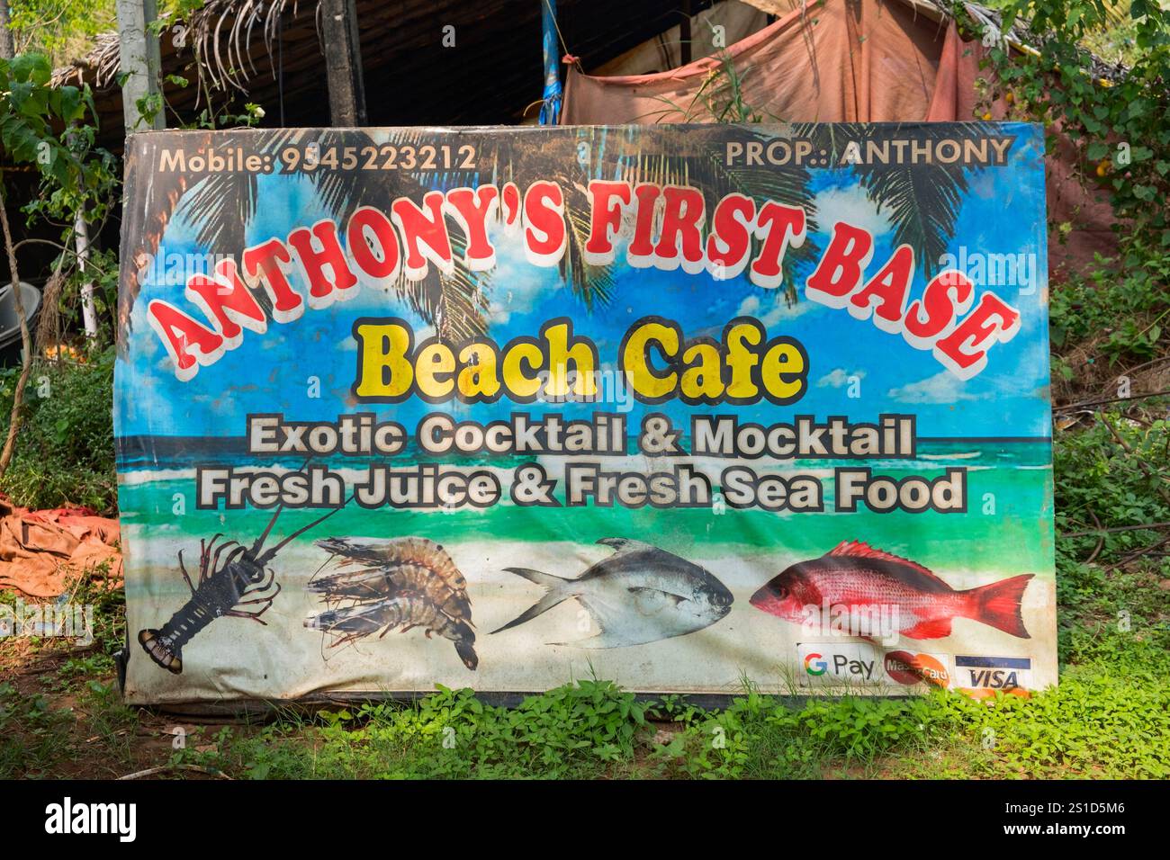 Anthony's Beach Cafe cartello Colva Beach Salcete Goa India Foto Stock
