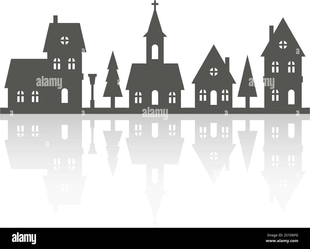 Sagoma di case sullo skyline. Fila vettoriale di case del quartiere con riflessi su sfondo bianco. Piccoli cottage neri del villaggio. Natale rurale Illustrazione Vettoriale Sagoma di case sullo skyline. Fila vettoriale di case del quartiere con riflessi su sfondo bianco. Piccoli cottage neri del villaggio. Natale rurale Illustrazione Vettoriale