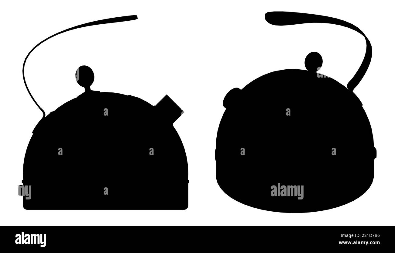 Due teiere bianche e nere con manico. Una è una teiera piccola con coperchio e l'altra è una teiera più grande con manico Illustrazione Vettoriale