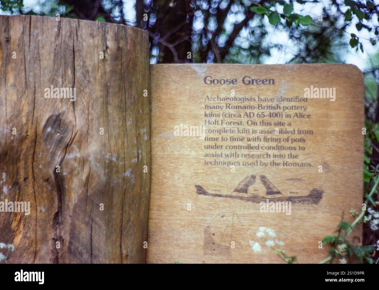 Avviso informativo presso Goose Green sulle fornaci di ceramica Romano-British, Alice Holt Forest, Farnham, Surrey, Inghilterra, REGNO UNITO 1983 Foto Stock