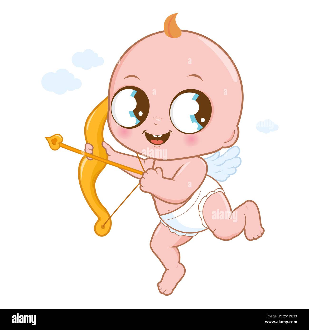 Valentine cupid ha sparato una freccia. Adorabile bambino cupido con fiocco e freccia. San Valentino piccolo angelo cupido con ali, arco e freccia. Foto Stock