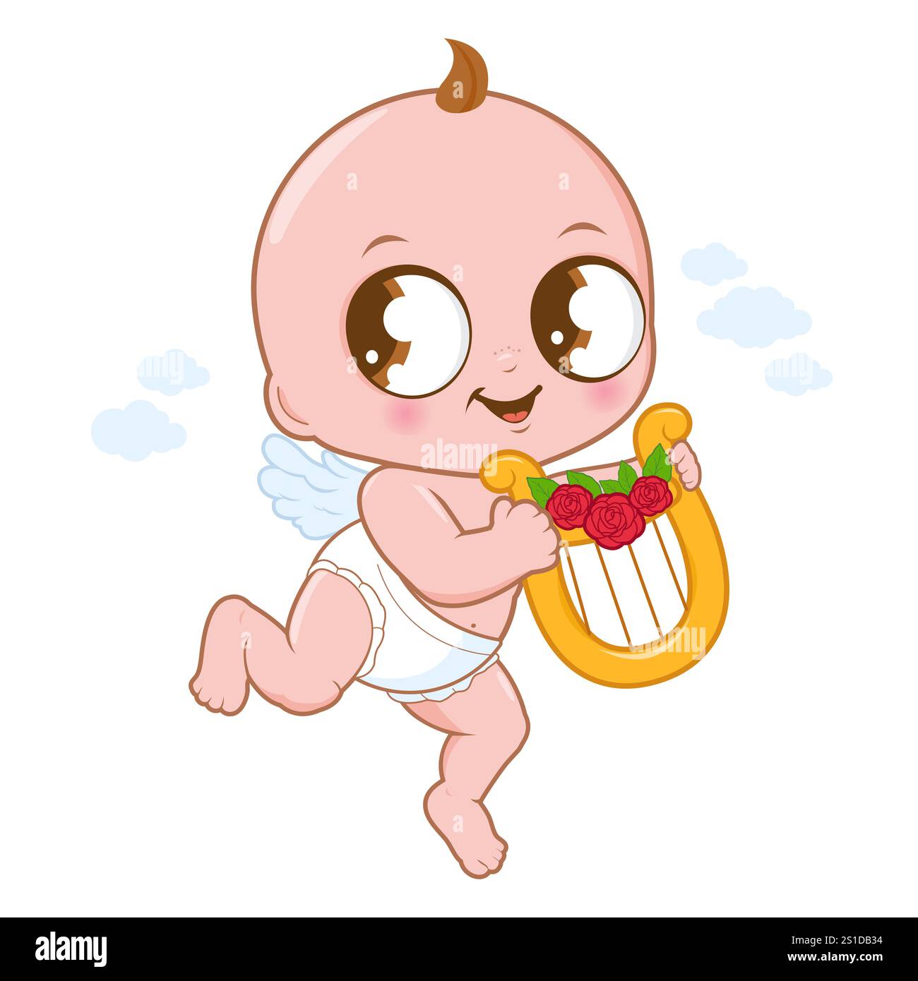 Valentine cupid che suona un'arpa. Carino cucciolo con arpa che suona musica. Angelo cucciolo di San Valentino con ali e arpa. Foto Stock