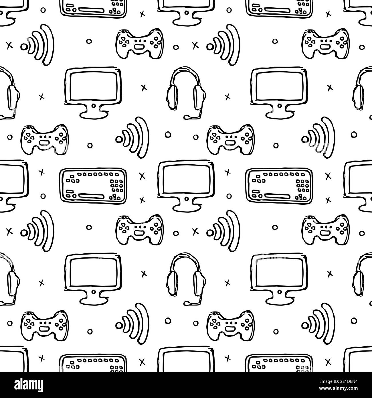 Pattern di gioco senza interruzioni. Sfondo delle icone di gioco disegnate a mano Foto Stock