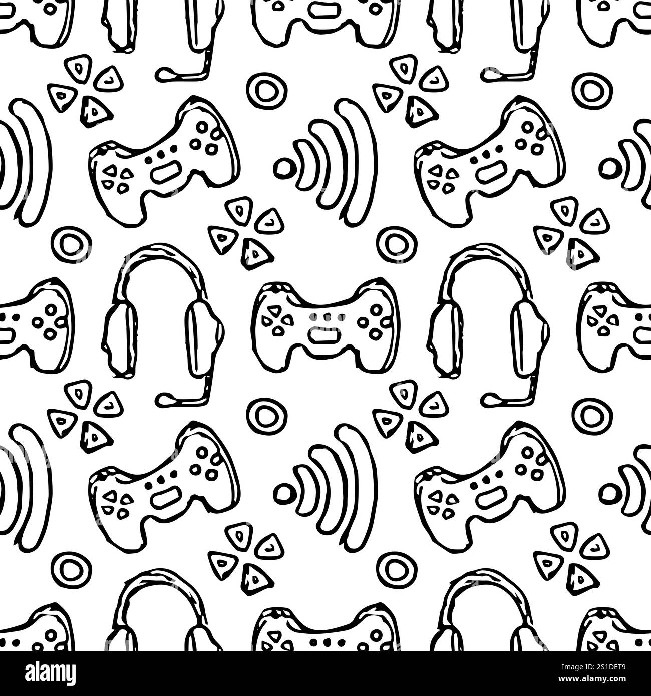 Pattern di gioco senza interruzioni. Sfondo delle icone di gioco disegnate a mano Foto Stock