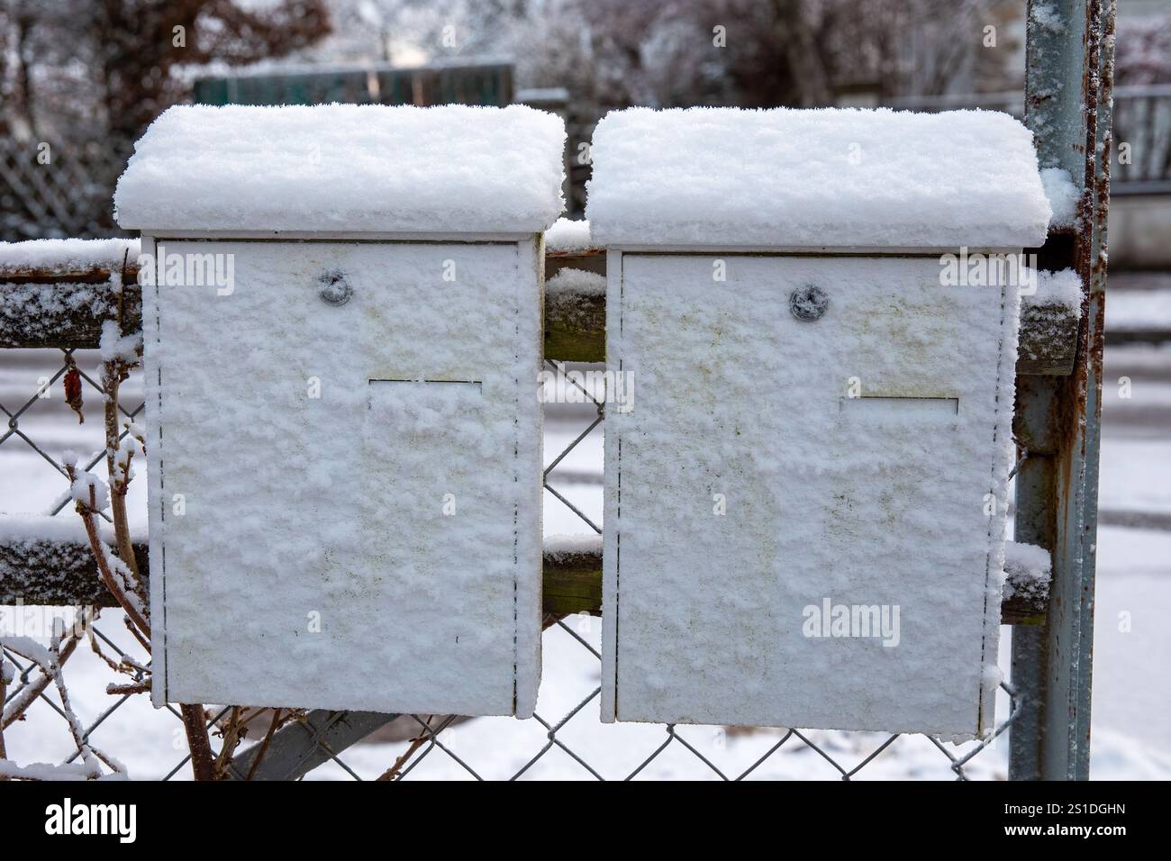 Ora coperte cassette postali tedesche in una pittoresca scena invernale Foto Stock