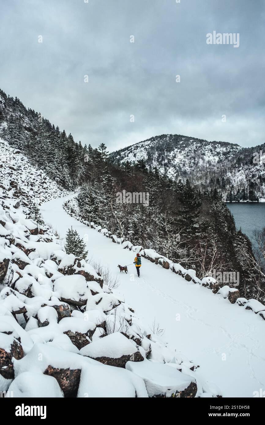 L'escursionista cammina con il cane lungo il sentiero innevato in Acadia in inverno Foto Stock