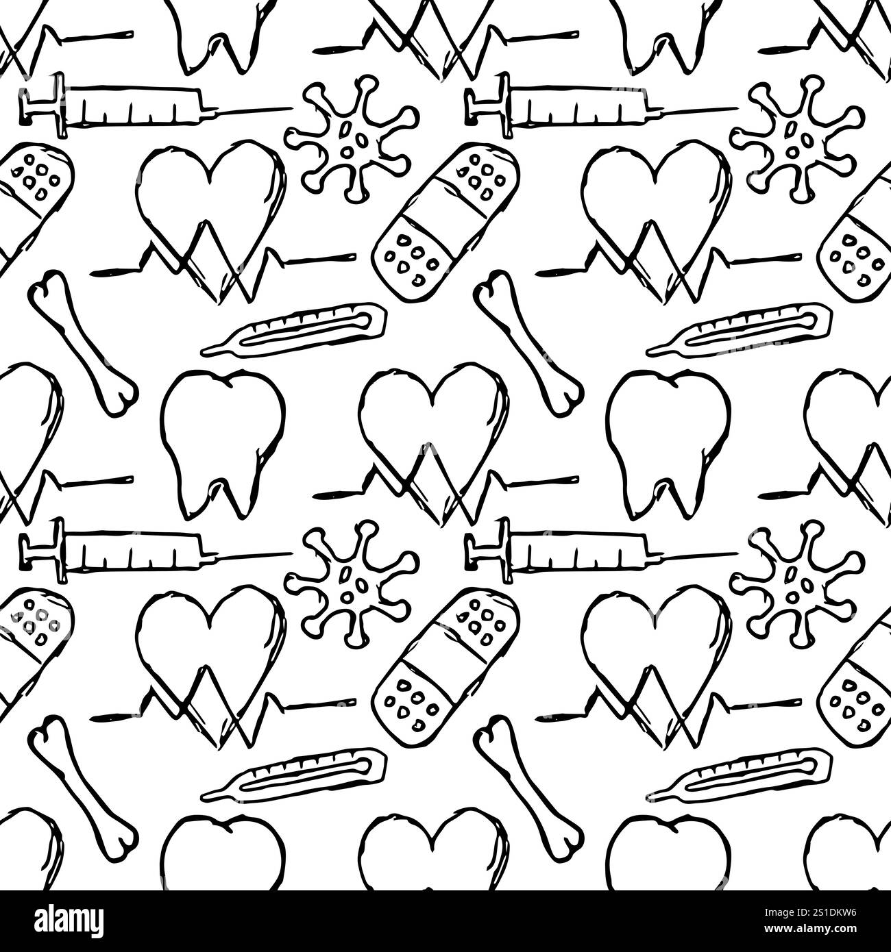 Colorato senza cuciture. Vettore Doodle con icone mediche su sfondo bianco. Icone della medicina d'epoca Foto Stock