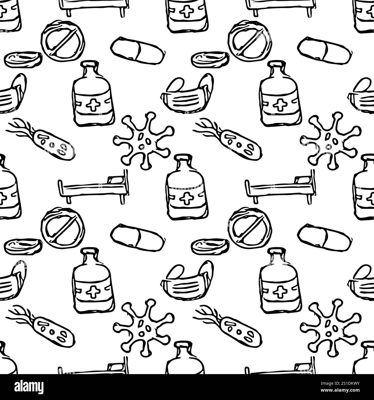 Colorato senza cuciture. Vettore Doodle con icone mediche su sfondo bianco. Icone della medicina d'epoca Foto Stock