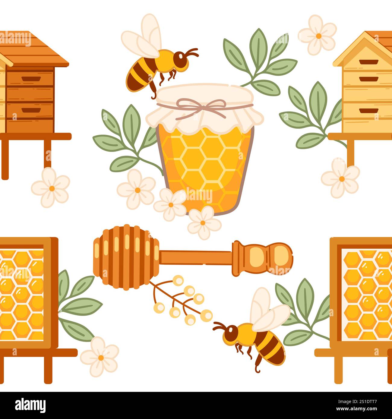 Apicoltura senza cuciture con alveari, barattoli di miele, api e fiori, che simboleggiano la natura, agricoltura e produzione biologica. Perfetto per i design Illustrazione Vettoriale