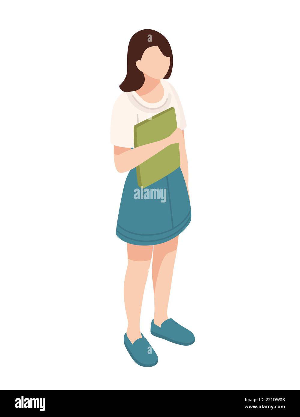 Donna isometrica in piedi e in possesso di un libro o di una cartella, che simboleggia l'apprendimento, la preparazione o il lavoro occasionale. Adatto per istruzione, organizzazione e WO Illustrazione Vettoriale
