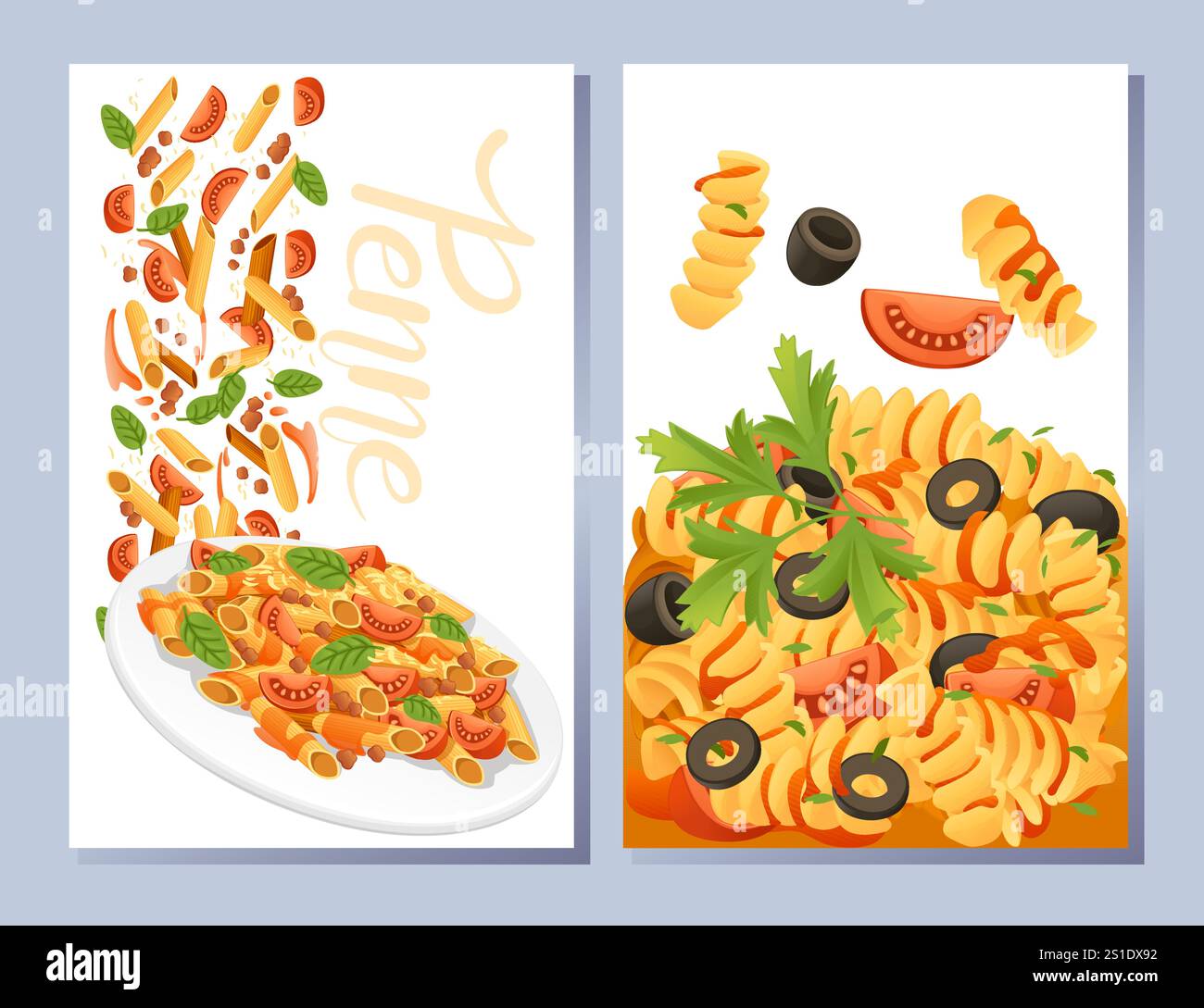 Piatto pronto per il pasto pasta fusilli piatti della cucina italiana con olive erbe aromatiche e pomodori illustrazione vettoriale su sfondo bianco. Cartolina di auguri o Web Illustrazione Vettoriale
