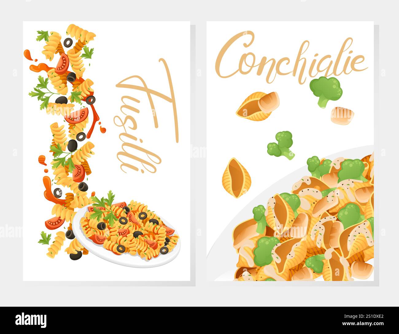 Piatto pronto per il pasto pasta fusilli piatti della cucina italiana con olive erbe aromatiche e pomodori illustrazione vettoriale su sfondo bianco. Cartolina di auguri o Web Illustrazione Vettoriale