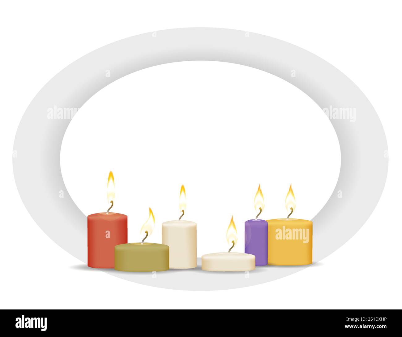 Fila di candele in vari colori e dimensioni sono illuminate, creando un'atmosfera calda e invitante. Le candele sono disposte in fila. Illustrazione vettoriale i. Illustrazione Vettoriale
