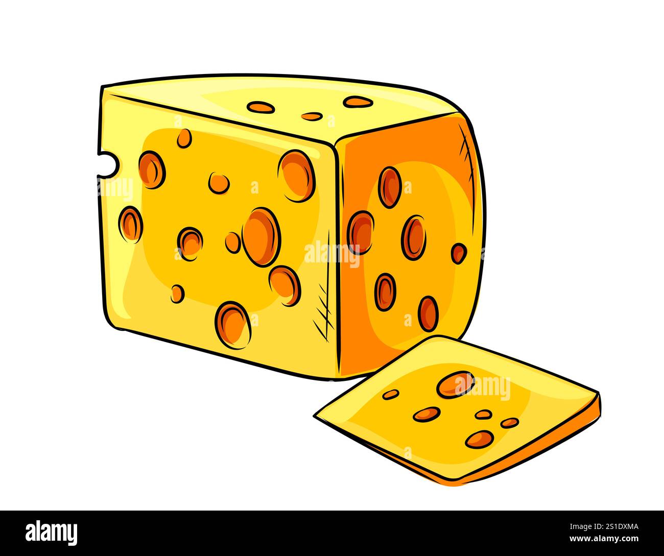 Fetta di formaggio giallo con fori. Stile di schizzo colorato disegnato a mano. Confezioni alimentari, menu del ristorante o design a tema culinario. Dettagli e. Illustrazione Vettoriale