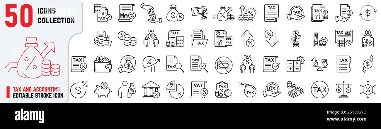 Set di icone fiscali e contabili modificabili, include anche audit, rimborso fiscale, finanza, analisi, report, IRS, IVA, risparmi, rendiconto finanziario Illustrazione Vettoriale