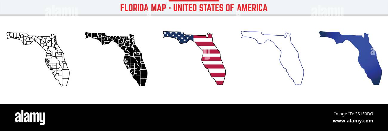 Mappa Florida con icona traccia modificabile. Icona della linea sottile dello stato della Florida, illustrazione vettoriale della mappa della Florida, mappa vettoriale della silhouette blu della Florida Illustrazione Vettoriale