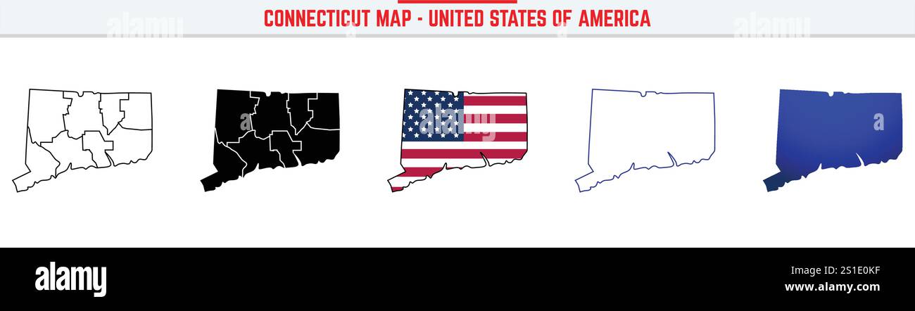 Mappa del Connecticut con icona di traccia modificabile. Icona di linea sottile dello stato del Connecticut, illustrazione del vettore della mappa del Connecticut, Connecticut, CT Illustrazione Vettoriale