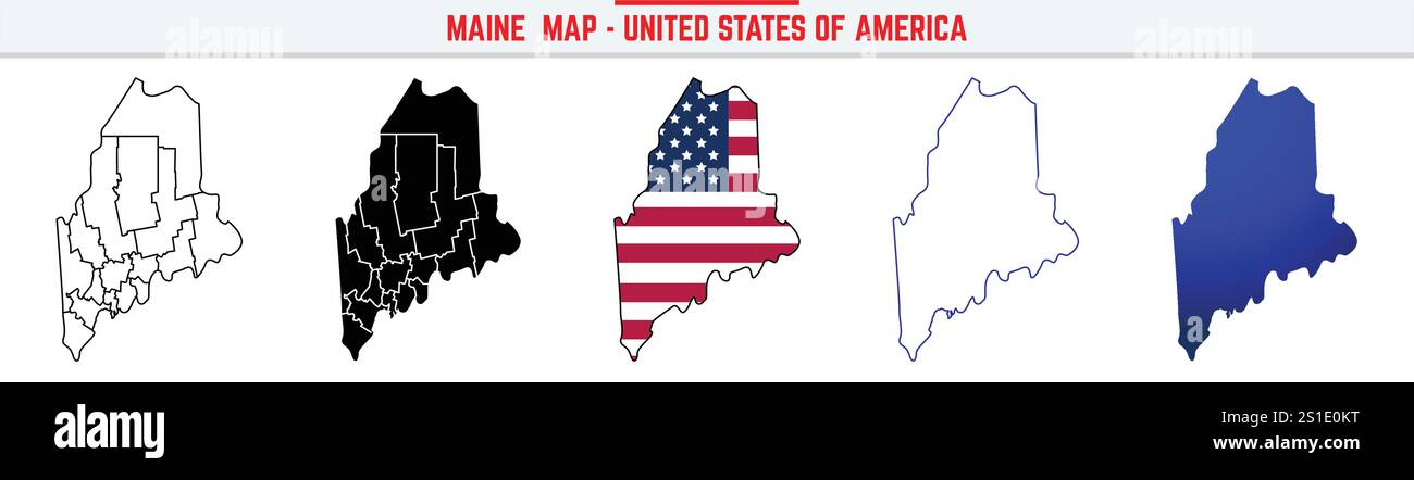 Mappa Maine con icona traccia modificabile. Icona linea sottile Stato Maine USA, illustrazione vettoriale mappa Maine, mappa vettoriale silhouette blu Maine, ME Illustrazione Vettoriale