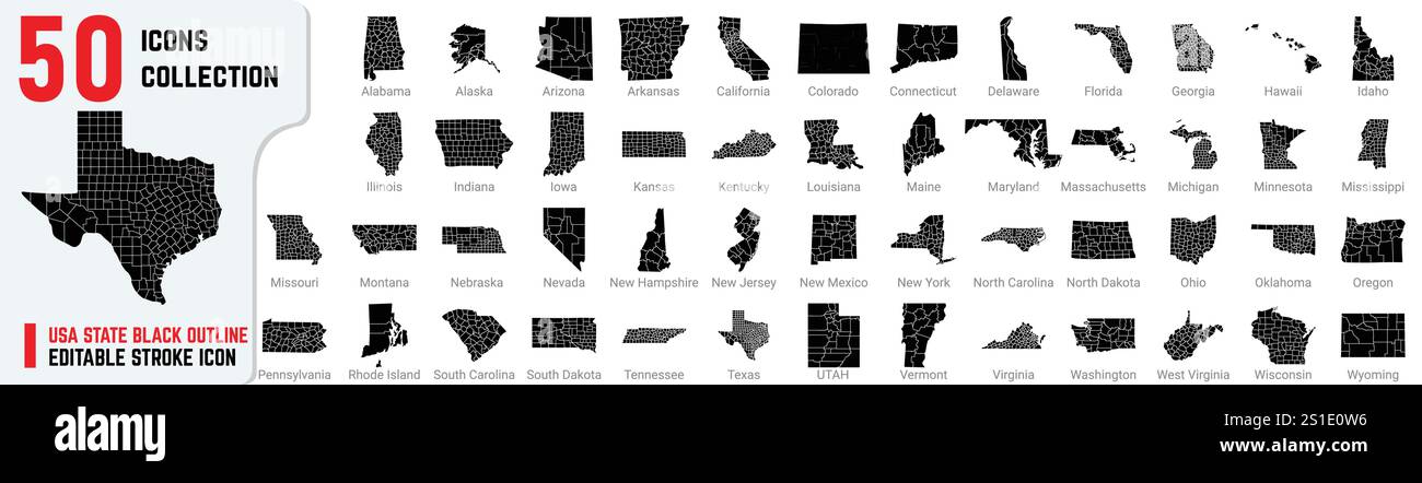 Il set di icone del tratto modificabile con contorno nero dello Stato degli Stati Uniti include anche New York, Iowa, UTAH, Texas, Alabama e California. Mappa degli Stati Uniti Illustrazione Vettoriale