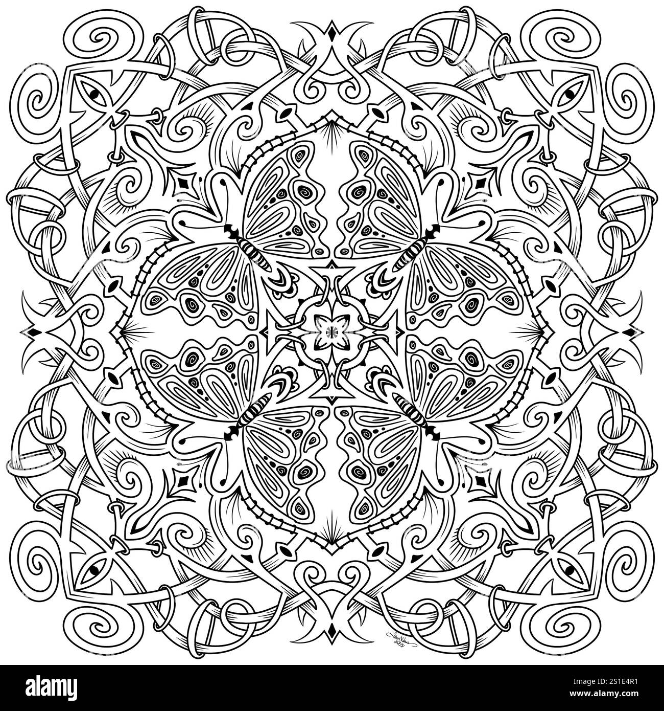 Illustrazione simmetrica astratta a farfalla. Elemento decorativo disegnato a mano. Mandala nero per colorare libri, tatuaggi, henné, motivi per t-shirt. Foto Stock