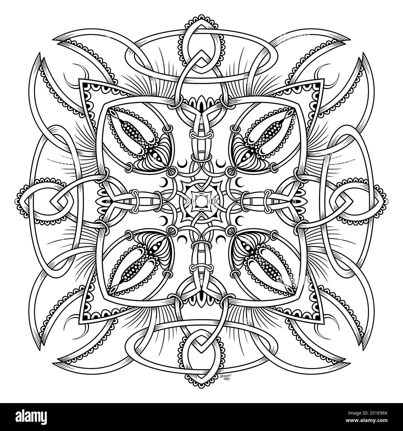 Illustrazione simmetrica astratta. Elemento decorativo disegnato a mano. Mandala nero per colorare libri, tatuaggi, henné, motivi per t-shirt Foto Stock