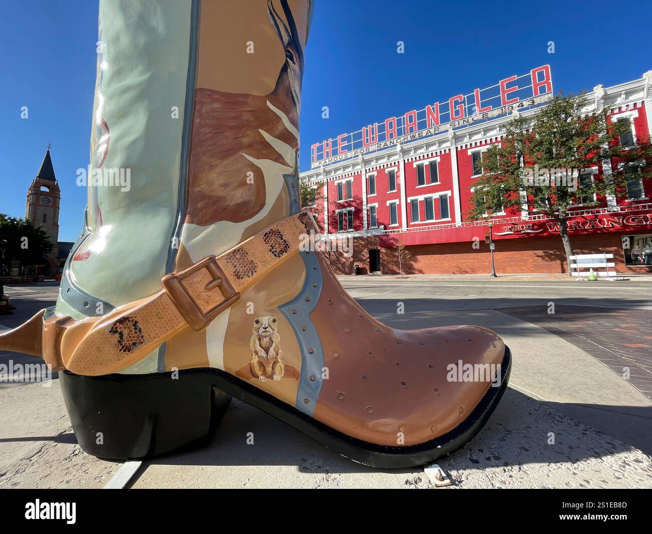 Stivale da cowboy nel centro storico di Cheyenne, Wyoming, Stati Uniti Foto Stock