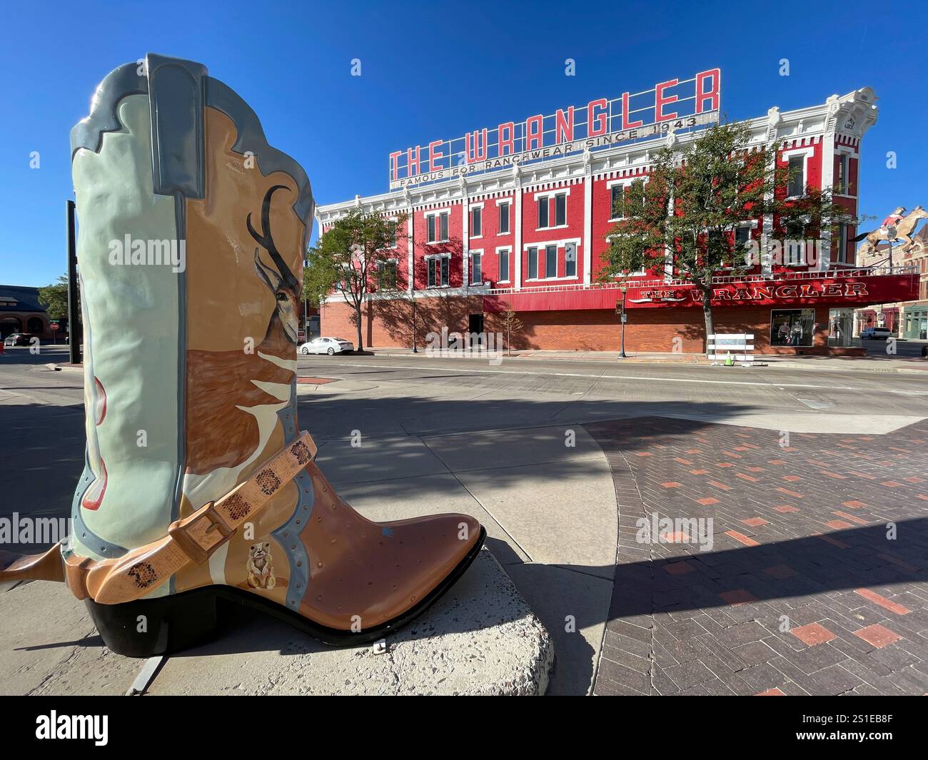 Stivale da cowboy nel centro storico di Cheyenne, Wyoming, Stati Uniti Foto Stock