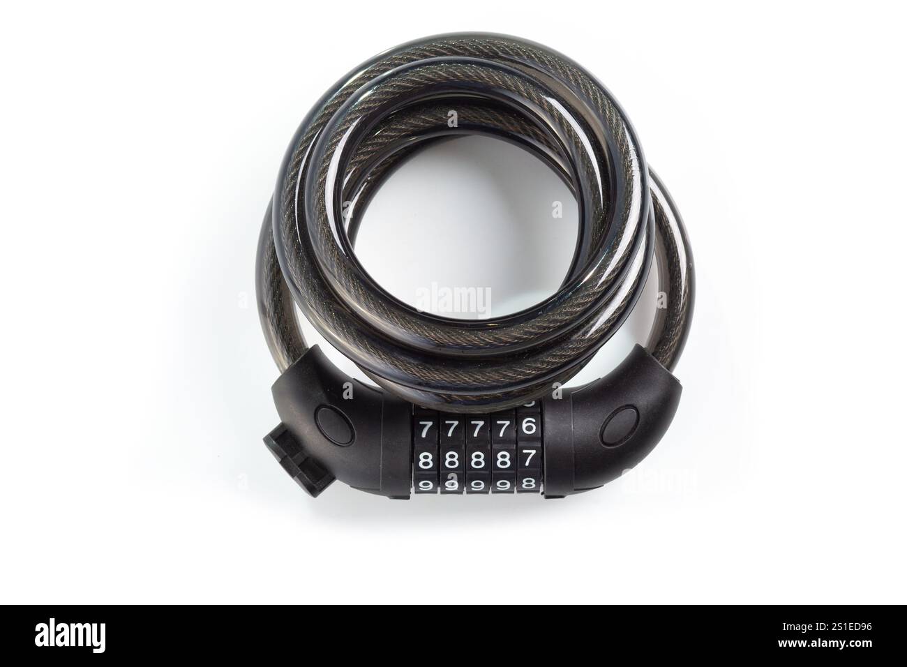 Un lucchetto sicuro per bici con cavo robusto e meccanismo combinato, perfetto per i ciclisti urbani che cercano sicurezza e praticità per le loro biciclette. Foto Stock