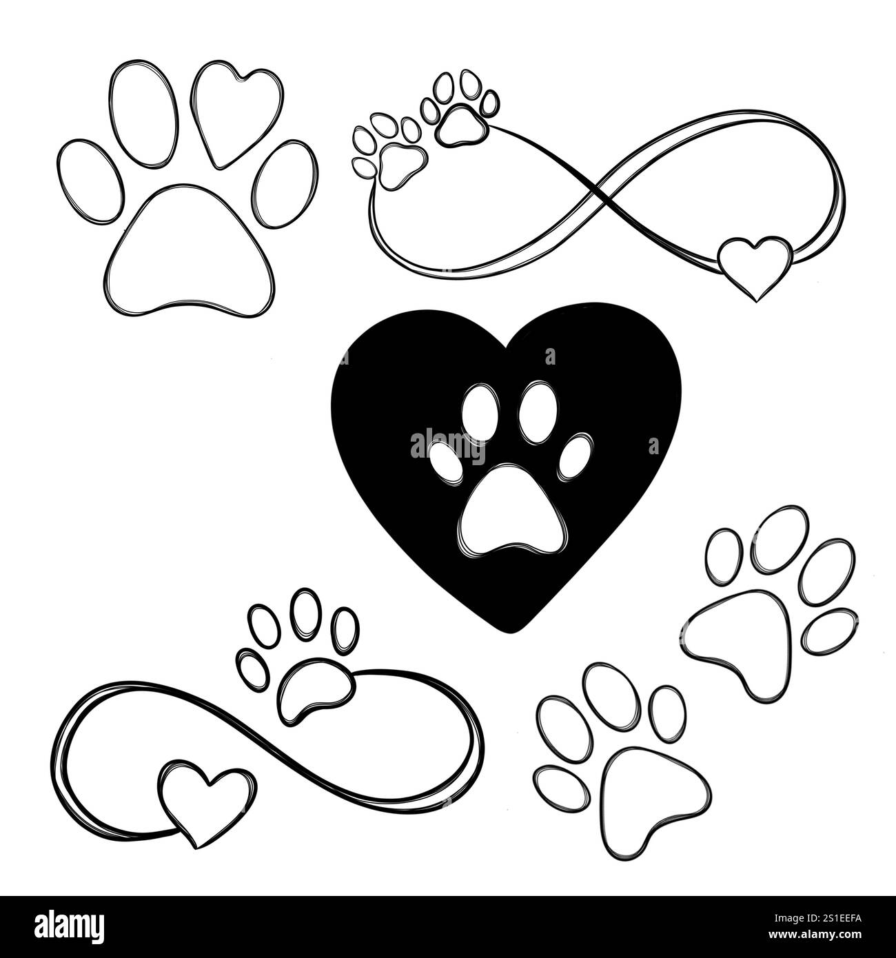 Grande set linea arte illustrazione cura degli animali domestici, footprint cane. Idea del tatuaggio della zampa del cane, impronta del cane Foto Stock