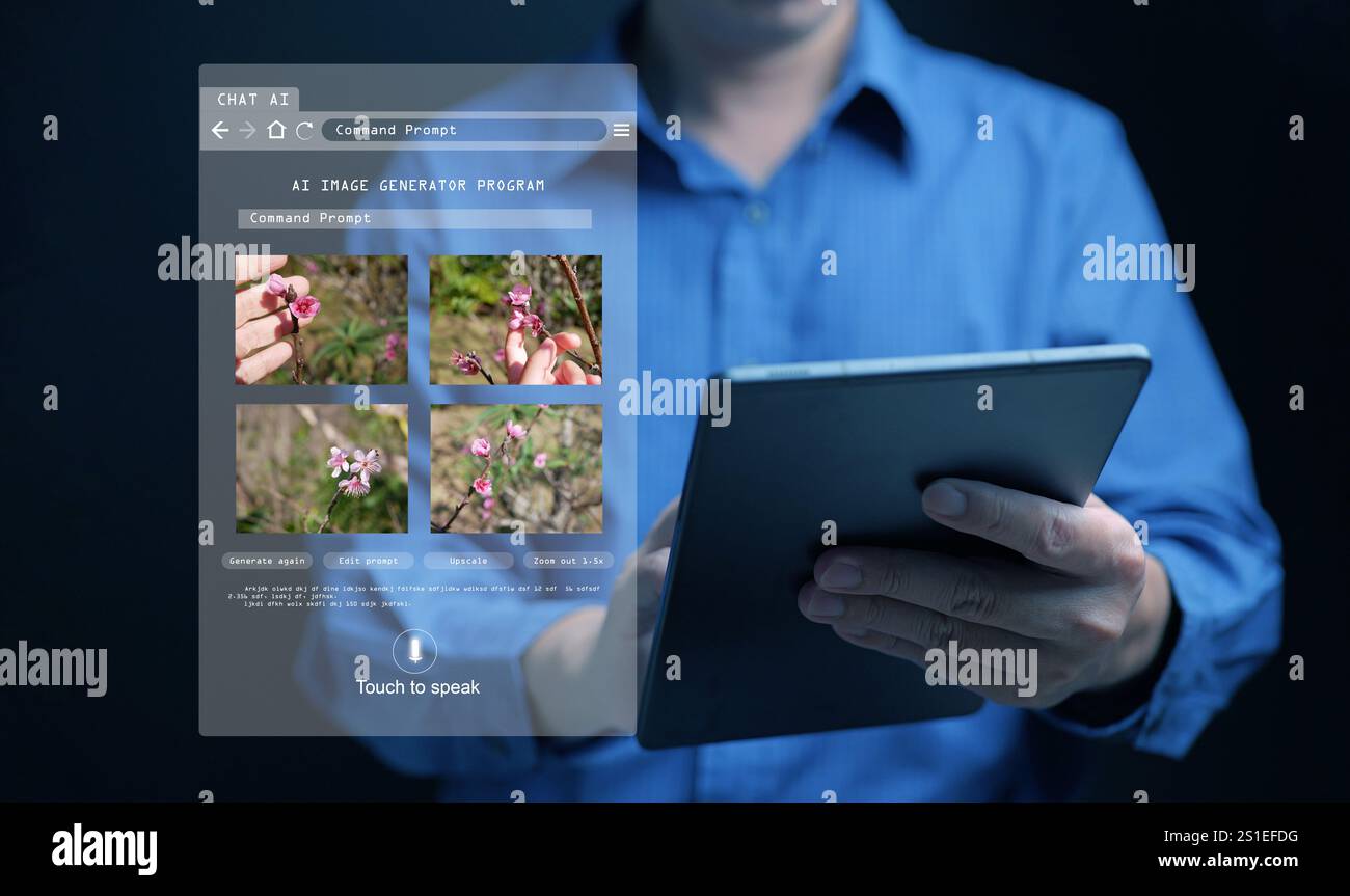 Generatore di immagini AI. Un uomo usa un programma, assistente di intelligenza artificiale, sul suo tablet per generare fotografie dall'intelligenza artificiale. Foto Stock