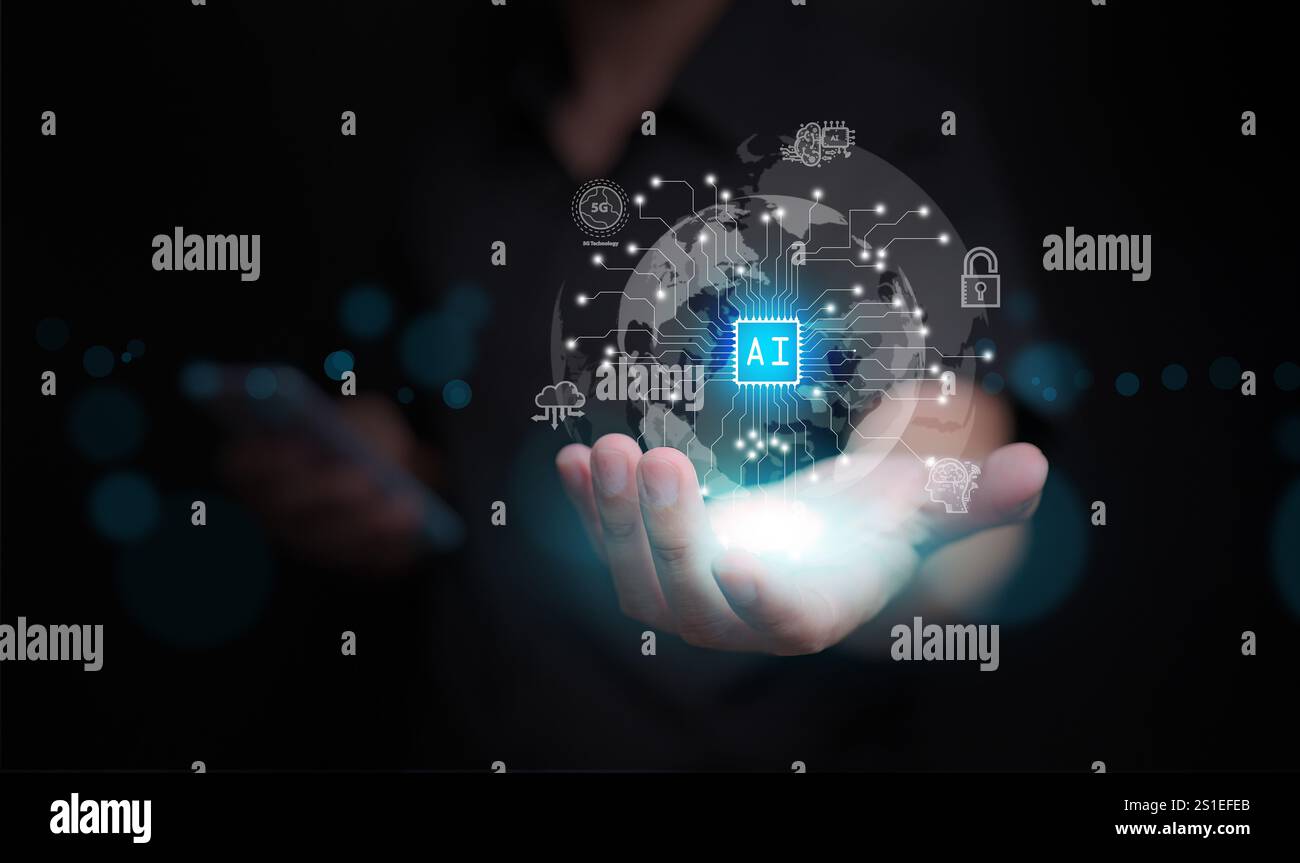 Concetto di intelligenza artificiale. Le mani di un uomo detengono un globo virtuale con chip di testo ai con schema di circuito e icone che brillano al buio. Intelligenza artificiale Foto Stock