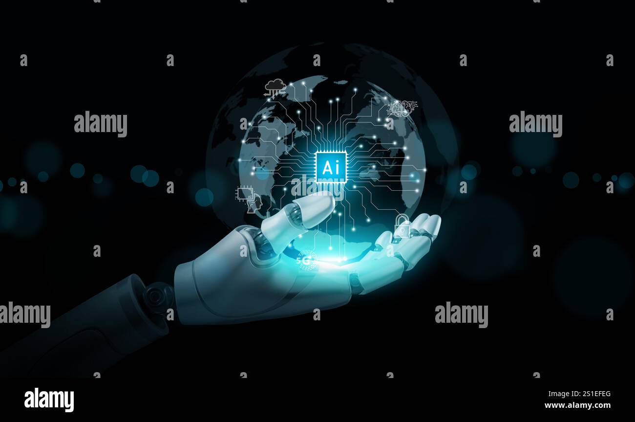 Concetto di intelligenza artificiale. Le mani di un robot hanno un globo virtuale con chip di testo ai con schema di circuito e icone che brillano al buio. Foto Stock